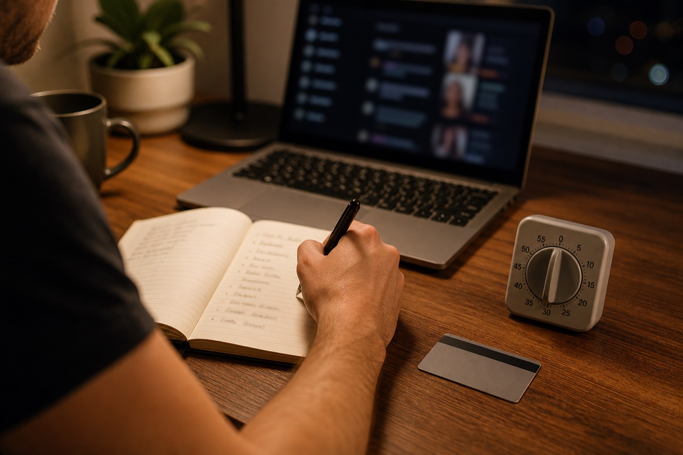 夜のデスクでノートPCの配信画面を見ながら予算をメモする男性の手元